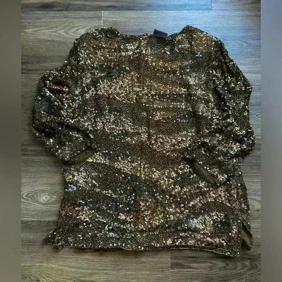 FRANK USHER Sequin 100% Silk Tunic Blouse Top XL GOLD Beaded Glam Party Retro UK - Picture 9 of 9